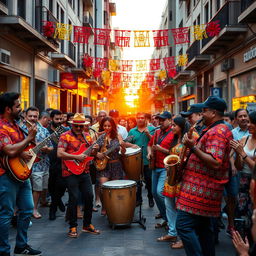 An energetic Latin street band performing in a bustling urban environment