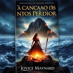 A captivating book cover featuring a dark and misty island in the background, surrounded by a turbulent ocean with crashing waves