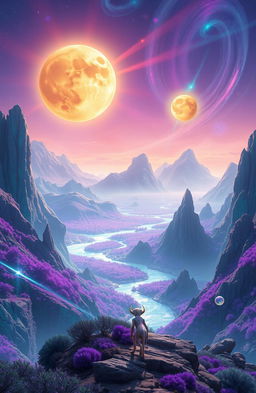 A breathtaking view of a fictional distant planet named Terjauh, showcasing its unique landscapes with vibrant purple and teal vegetation, towering crystal-like mountains, and shimmering rivers of liquid light