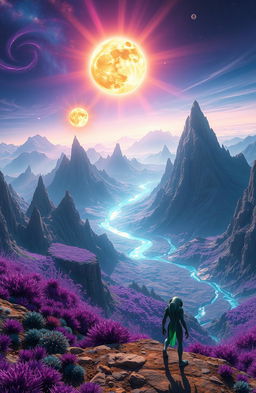 A breathtaking view of a fictional distant planet named Terjauh, showcasing its unique landscapes with vibrant purple and teal vegetation, towering crystal-like mountains, and shimmering rivers of liquid light