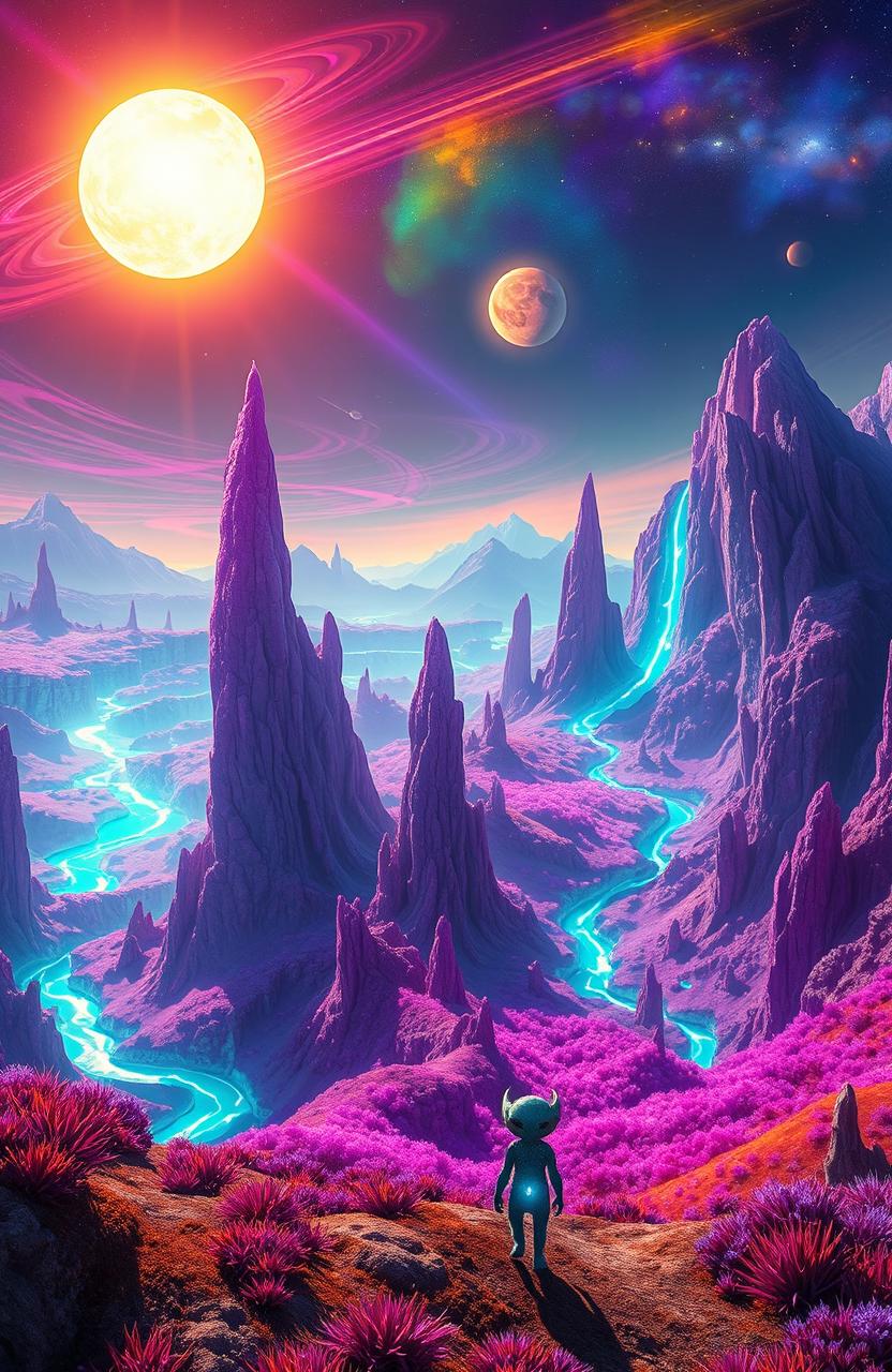 A breathtaking view of a fictional distant planet named Terjauh, showcasing its unique landscapes with vibrant purple and teal vegetation, towering crystal-like mountains, and shimmering rivers of liquid light