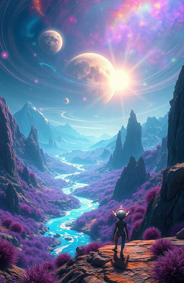 A breathtaking view of a fictional distant planet named Terjauh, showcasing its unique landscapes with vibrant purple and teal vegetation, towering crystal-like mountains, and shimmering rivers of liquid light
