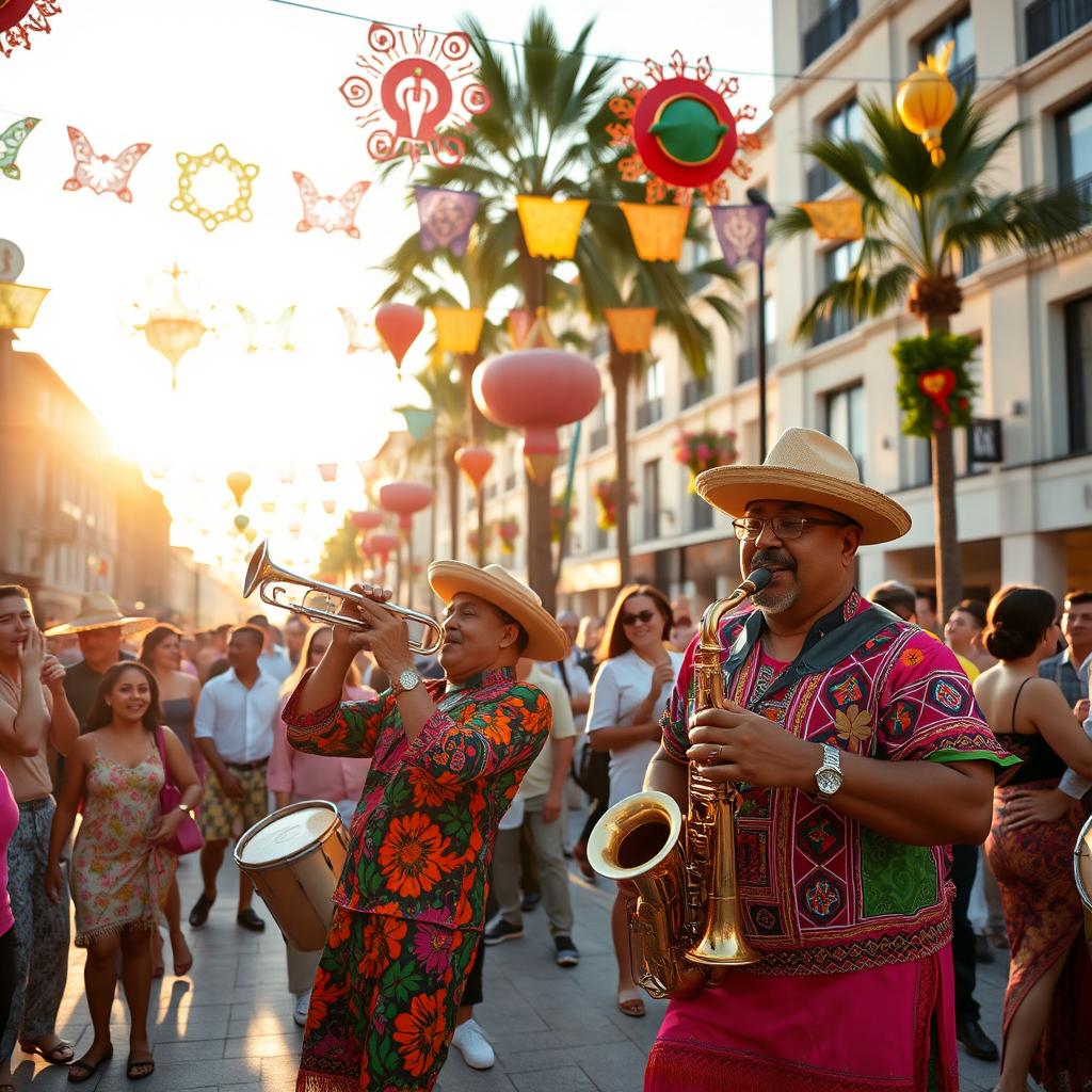 A lively Latin street band performing in an urban plaza, featuring a trumpet player, a saxophonist, and a conga drummer