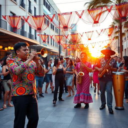 A lively Latin street band performing in an urban plaza, featuring a trumpet player, a saxophonist, and a conga drummer