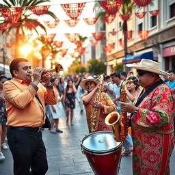 A lively Latin street band performing in an urban plaza, featuring a trumpet player, a saxophonist, and a conga drummer