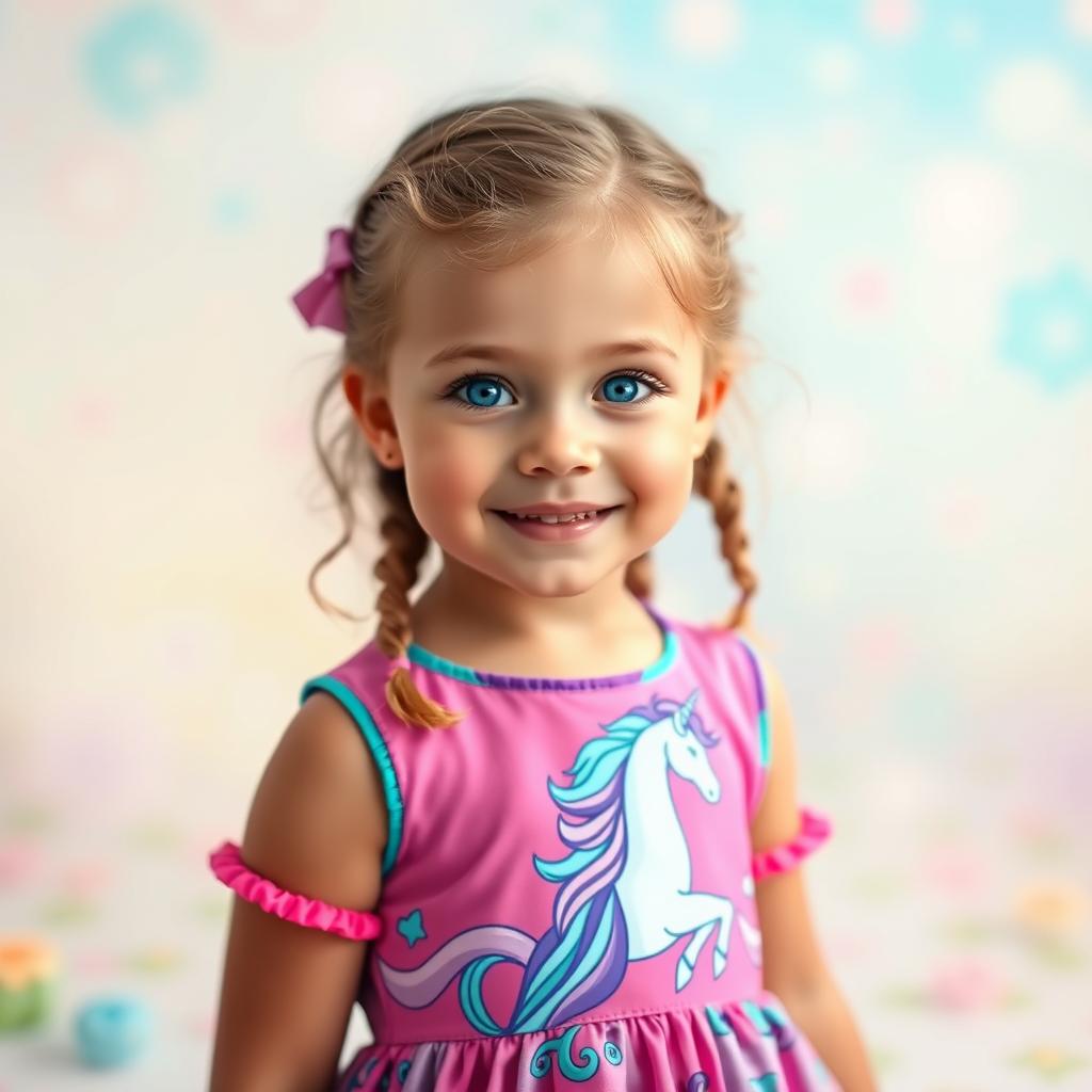 A young girl with bright blue eyes wearing a colorful dress adorned with a beautiful unicorn pattern