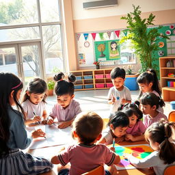 A vibrant, lively school environment showcasing harmony among students from diverse backgrounds