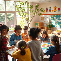 A vibrant, lively school environment showcasing harmony among students from diverse backgrounds