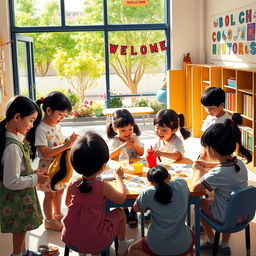 A vibrant, lively school environment showcasing harmony among students from diverse backgrounds