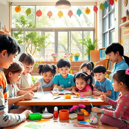 A vibrant, lively school environment showcasing harmony among students from diverse backgrounds