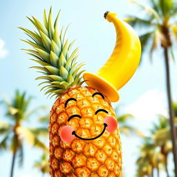 A whimsical pineapple wearing a bright yellow banana hat, with a playful expression