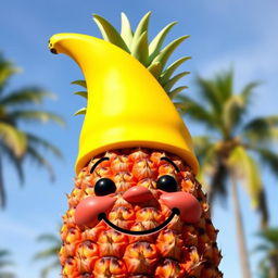 A whimsical pineapple wearing a bright yellow banana hat, with a playful expression