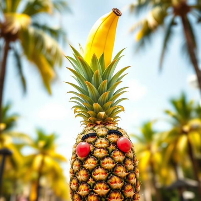 A whimsical pineapple wearing a bright yellow banana hat, with a playful expression