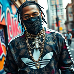A dynamic scene featuring a rapper wearing stylish Adidas clothing adorned with Persian writing, showcasing intricate patterns and vibrant colors
