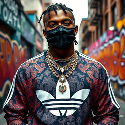 A dynamic scene featuring a rapper wearing stylish Adidas clothing adorned with Persian writing, showcasing intricate patterns and vibrant colors