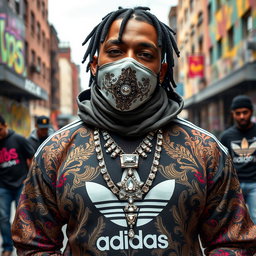 A dynamic scene featuring a rapper wearing stylish Adidas clothing adorned with Persian writing, showcasing intricate patterns and vibrant colors