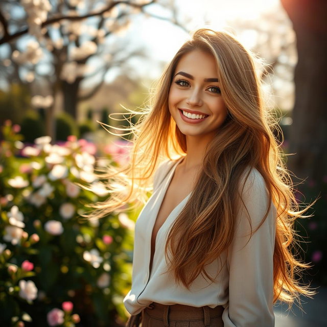 A stunningly beautiful young woman with long, flowing hair, radiant skin, and a charming smile