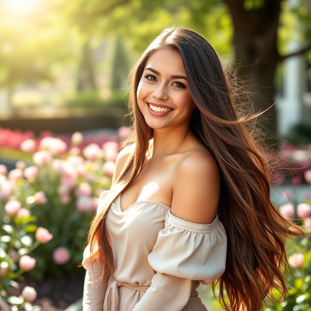 A stunningly beautiful young woman with long, flowing hair, radiant skin, and a charming smile