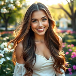 A stunningly beautiful young woman with long, flowing hair, radiant skin, and a charming smile