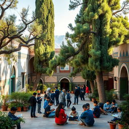 An enchanting scene of an Iranian school courtyard, filled with vibrant greenery and ancient trees
