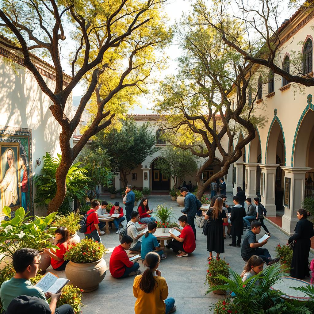 An enchanting scene of an Iranian school courtyard, filled with vibrant greenery and ancient trees