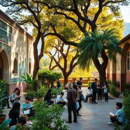 An enchanting scene of an Iranian school courtyard, filled with vibrant greenery and ancient trees