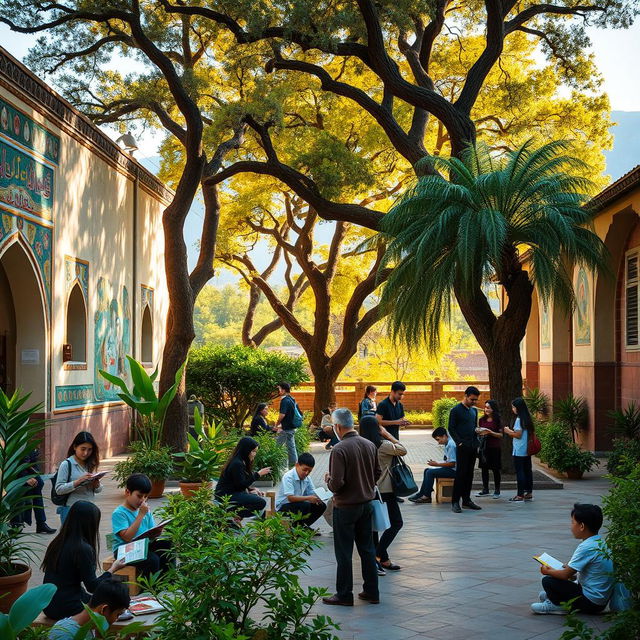 An enchanting scene of an Iranian school courtyard, filled with vibrant greenery and ancient trees