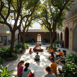 An enchanting scene of an Iranian school courtyard, filled with vibrant greenery and ancient trees