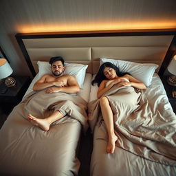 A 40-year-old man and a 40-year-old woman, both with large breasts and black hair, sleeping in a hotel room with two single beds positioned about a meter apart
