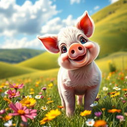A cute and fluffy pig, standing in a sunny meadow filled with colorful wildflowers