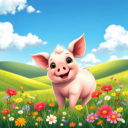 A cute and fluffy pig, standing in a sunny meadow filled with colorful wildflowers