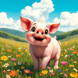 A cute and fluffy pig, standing in a sunny meadow filled with colorful wildflowers