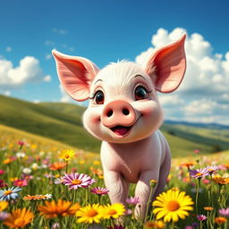 A cute and fluffy pig, standing in a sunny meadow filled with colorful wildflowers