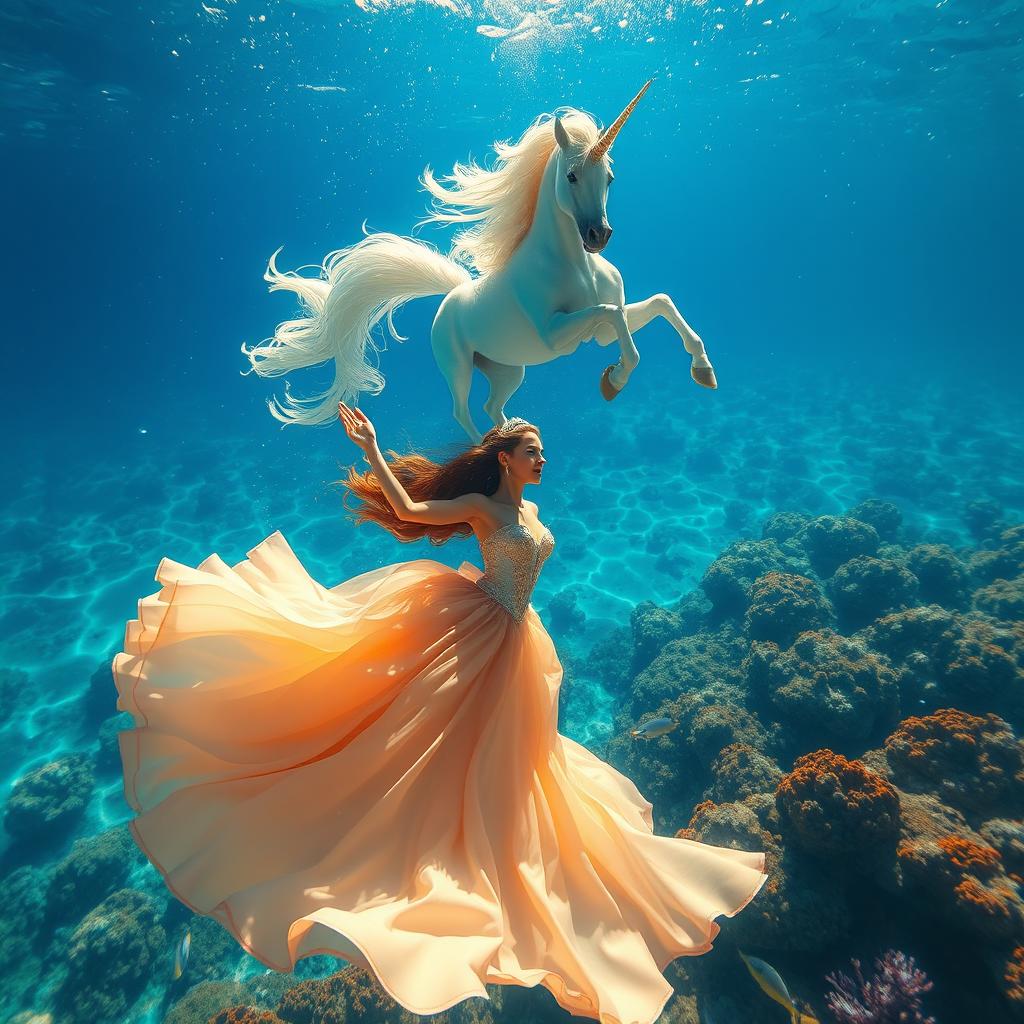 A beautiful princess swimming gracefully in a sparkling ocean, wearing a flowing gown that billows around her in the water