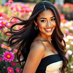 A stunningly beautiful young woman with long, flowing hair and captivating features, wearing a stylish and form-fitting outfit that accentuates her curves