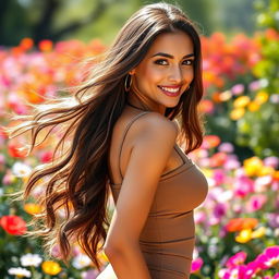 A stunningly beautiful young woman with long, flowing hair and captivating features, wearing a stylish and form-fitting outfit that accentuates her curves