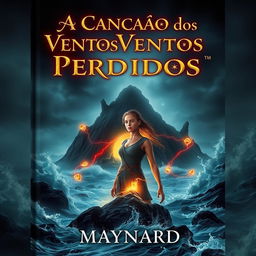 An enchanting book cover that features a dark and misty island in the background, surrounded by a turbulent ocean crashing against the rocks