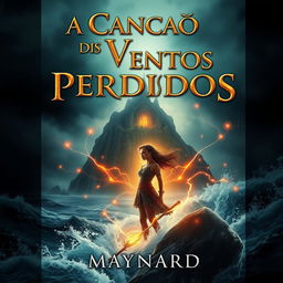 An enchanting book cover that features a dark and misty island in the background, surrounded by a turbulent ocean crashing against the rocks