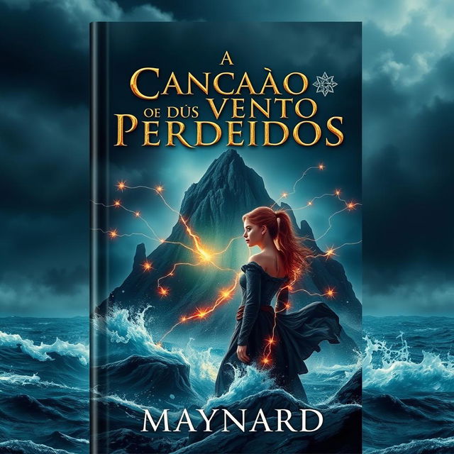 An enchanting book cover that features a dark and misty island in the background, surrounded by a turbulent ocean crashing against the rocks