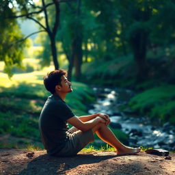 A serene and introspective scene of a person sitting alone in a tranquil environment, surrounded by nature, contemplating the impact of their presence on others