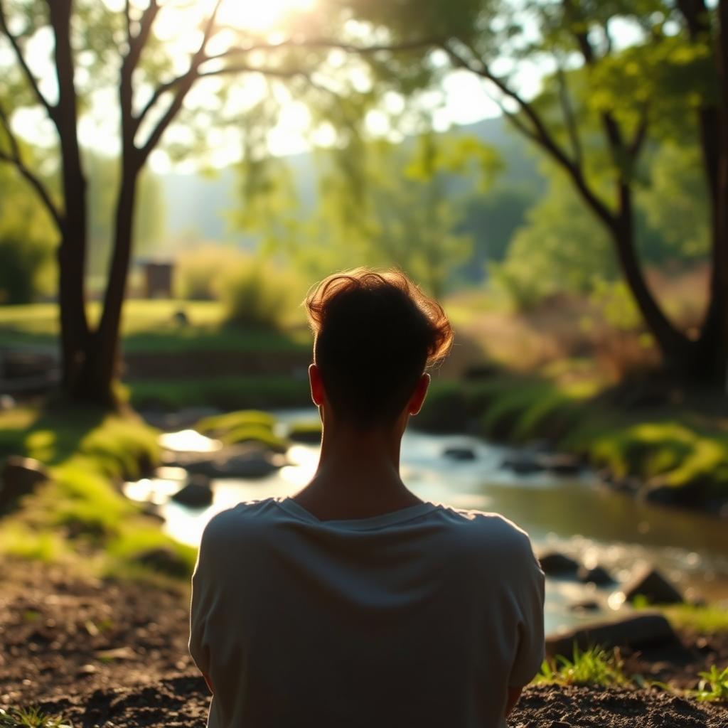 A serene and introspective scene of a person sitting alone in a tranquil environment, surrounded by nature, contemplating the impact of their presence on others
