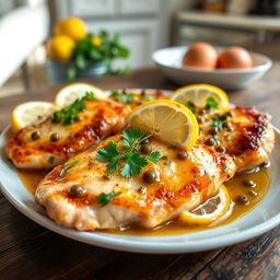 A delicious dish of chicken piccata featuring tender chicken breasts, perfectly sautéed in a rich lemon and caper sauce