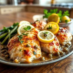 A delicious dish of chicken piccata featuring tender chicken breasts, perfectly sautéed in a rich lemon and caper sauce