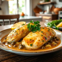 A delicious dish of chicken piccata featuring tender chicken breasts, perfectly sautéed in a rich lemon and caper sauce