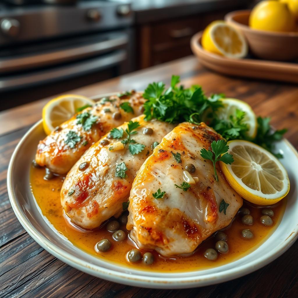 A delicious dish of chicken piccata featuring tender chicken breasts, perfectly sautéed in a rich lemon and caper sauce