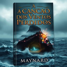 A book cover featuring a dark, misty island in the background, shrouded in thick fog and surrounded by a turbulent ocean with crashing waves