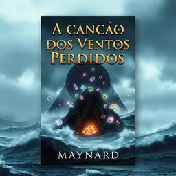 A book cover featuring a dark, misty island in the background, shrouded in thick fog and surrounded by a turbulent ocean with crashing waves