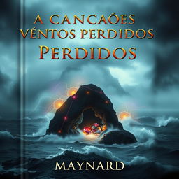 A book cover featuring a dark, misty island in the background, shrouded in thick fog and surrounded by a turbulent ocean with crashing waves