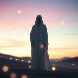 A captivating and ethereal scene featuring a mysterious figure standing in a soft twilight environment, evoking a sense of awe and intrigue