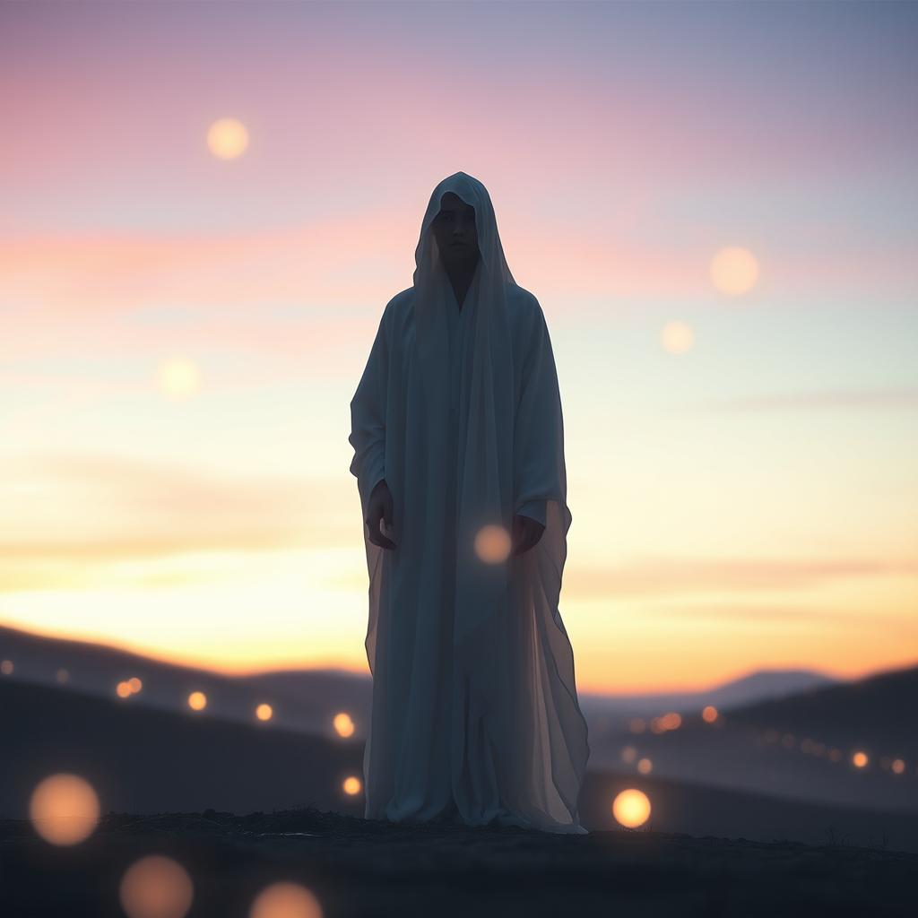 A captivating and ethereal scene featuring a mysterious figure standing in a soft twilight environment, evoking a sense of awe and intrigue